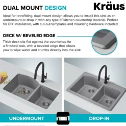 33” Drop In / Undermount 60/40 Double Bowl Granite Kitchen Sink in Grey