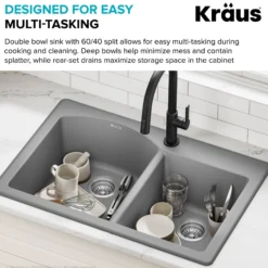 33” Drop In / Undermount 60/40 Double Bowl Granite Kitchen Sink in Grey