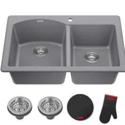 33” Drop In / Undermount 60/40 Double Bowl Granite Kitchen Sink in Grey