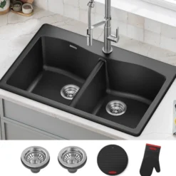 33” Drop In / Undermount 50/50 Double Bowl Granite Kitchen Sink in Black