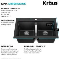 33” Drop-In / Undermount 50/50 Double Bowl Granite Kitchen Sink in Black Onyx