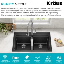 33” Drop-In / Undermount 50/50 Double Bowl Granite Kitchen Sink in Black Onyx