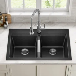 33” Drop-In / Undermount 50/50 Double Bowl Granite Kitchen Sink in Black Onyx