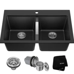 33” Drop-In / Undermount 50/50 Double Bowl Granite Kitchen Sink in Black Onyx