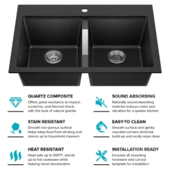 33” Drop-In / Undermount 50/50 Double Bowl Granite Kitchen Sink in Black Onyx