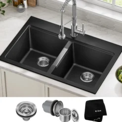 33” Drop-In / Undermount 50/50 Double Bowl Granite Kitchen Sink in Black Onyx
