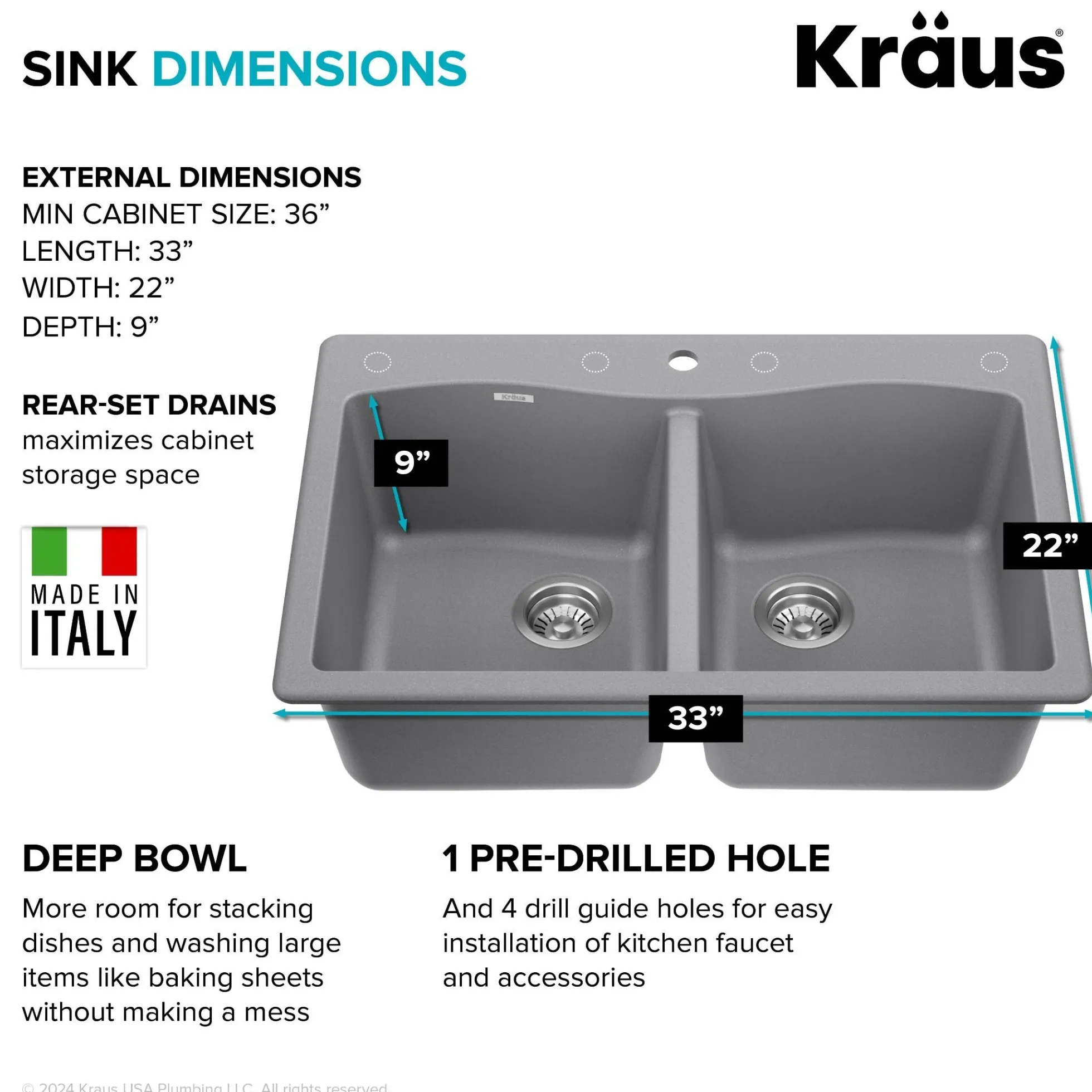 33” Drop In / Undermount 50/50 Double Bowl Granite Kitchen Sink in Grey