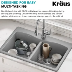33” Drop In / Undermount 50/50 Double Bowl Granite Kitchen Sink in Grey