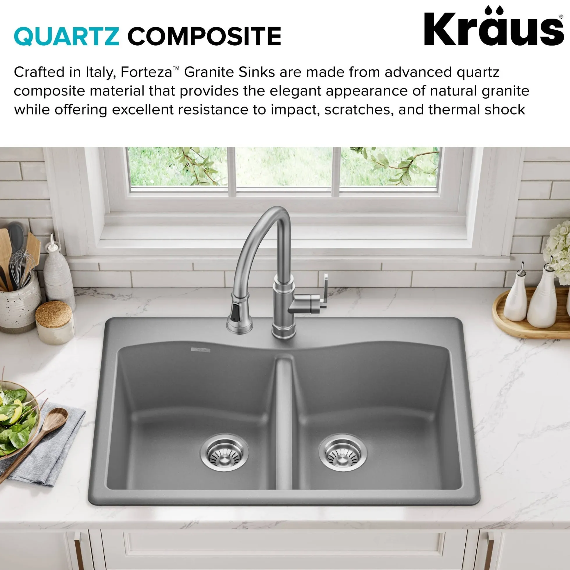 33” Drop In / Undermount 50/50 Double Bowl Granite Kitchen Sink in Grey