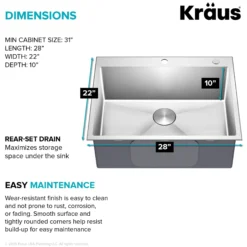 28” Drop In / Undermount 16 Gauge Single Bowl 2-Hole Stainless Steel Kitchen Sink