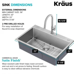 33” Drop-In / Undermount 18 Gauge Stainless Steel Single Bowl Kitchen Sink and Pull-Down Faucet in Spot-Free Stainless Steel Finish