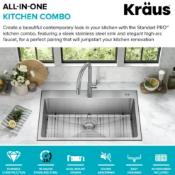 33” Drop-In / Undermount 18 Gauge Stainless Steel Single Bowl Kitchen Sink and Pull-Down Faucet in Spot-Free Stainless Steel Finish