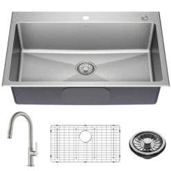 33” Drop-In / Undermount 18 Gauge Stainless Steel Single Bowl Kitchen Sink and Pull-Down Faucet in Spot-Free Stainless Steel Finish