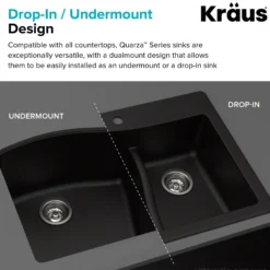 33" Drop-In/Undermount Granite 60/40 Double Bowl Kitchen Sink and Strainers in White