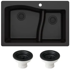 33" Drop-In/Undermount Granite 60/40 Double Bowl Kitchen Sink and Strainers in Black