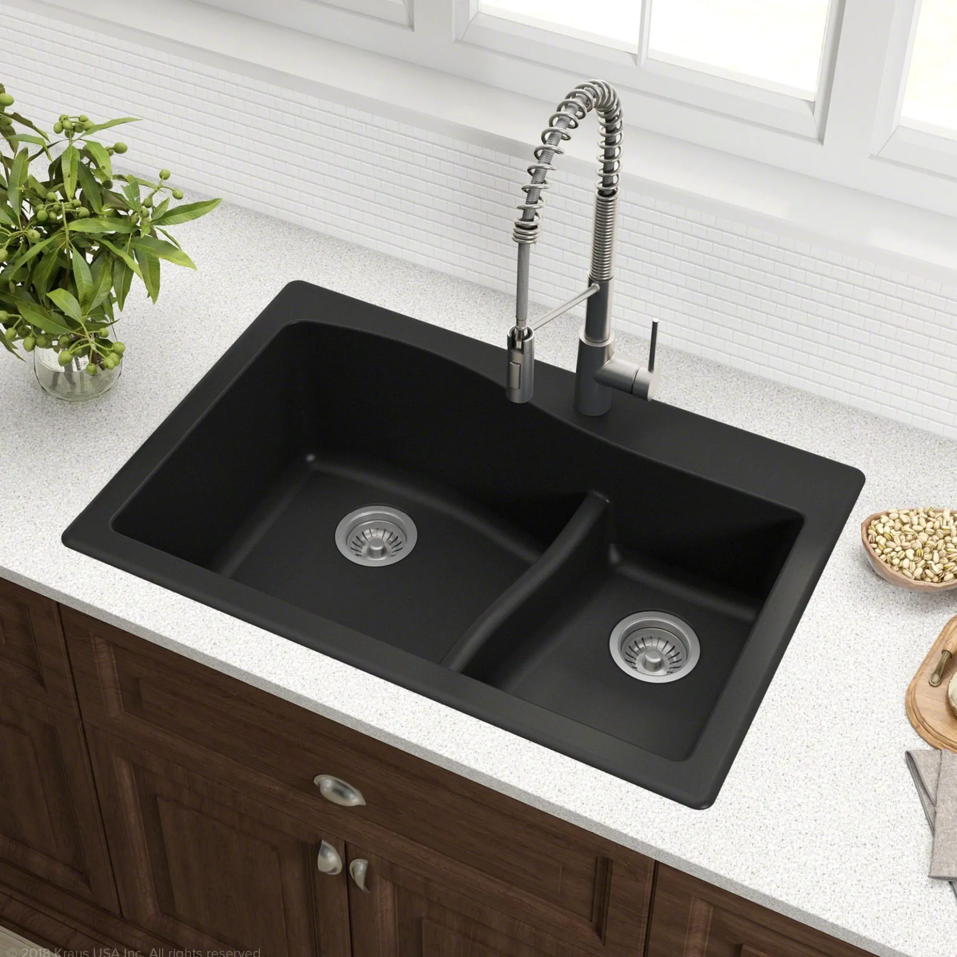 33" Drop-In/Undermount Granite 60/40 Double Bowl Kitchen Sink and Strainers in Black