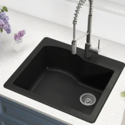 25" Drop-In/Undermount Granite Single Bowl Kitchen Sink and Strainer in Black