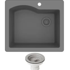 25" Drop-In/Undermount Granite Single Bowl Kitchen Sink and Strainer in Grey