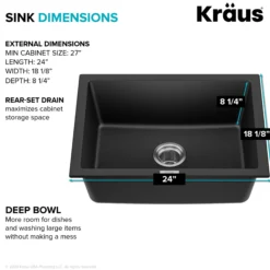 24” Drop-In / Undermount Single Bowl Granite Kitchen Sink in Black Onyx