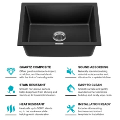 24” Drop-In / Undermount Single Bowl Granite Kitchen Sink in Black Onyx