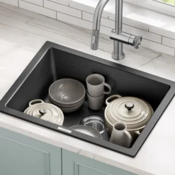 24” Drop-In / Undermount Single Bowl Granite Kitchen Sink in Black Onyx
