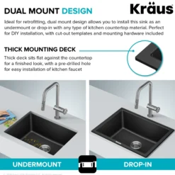 24” Drop-In / Undermount Single Bowl Granite Kitchen Sink in Black Onyx