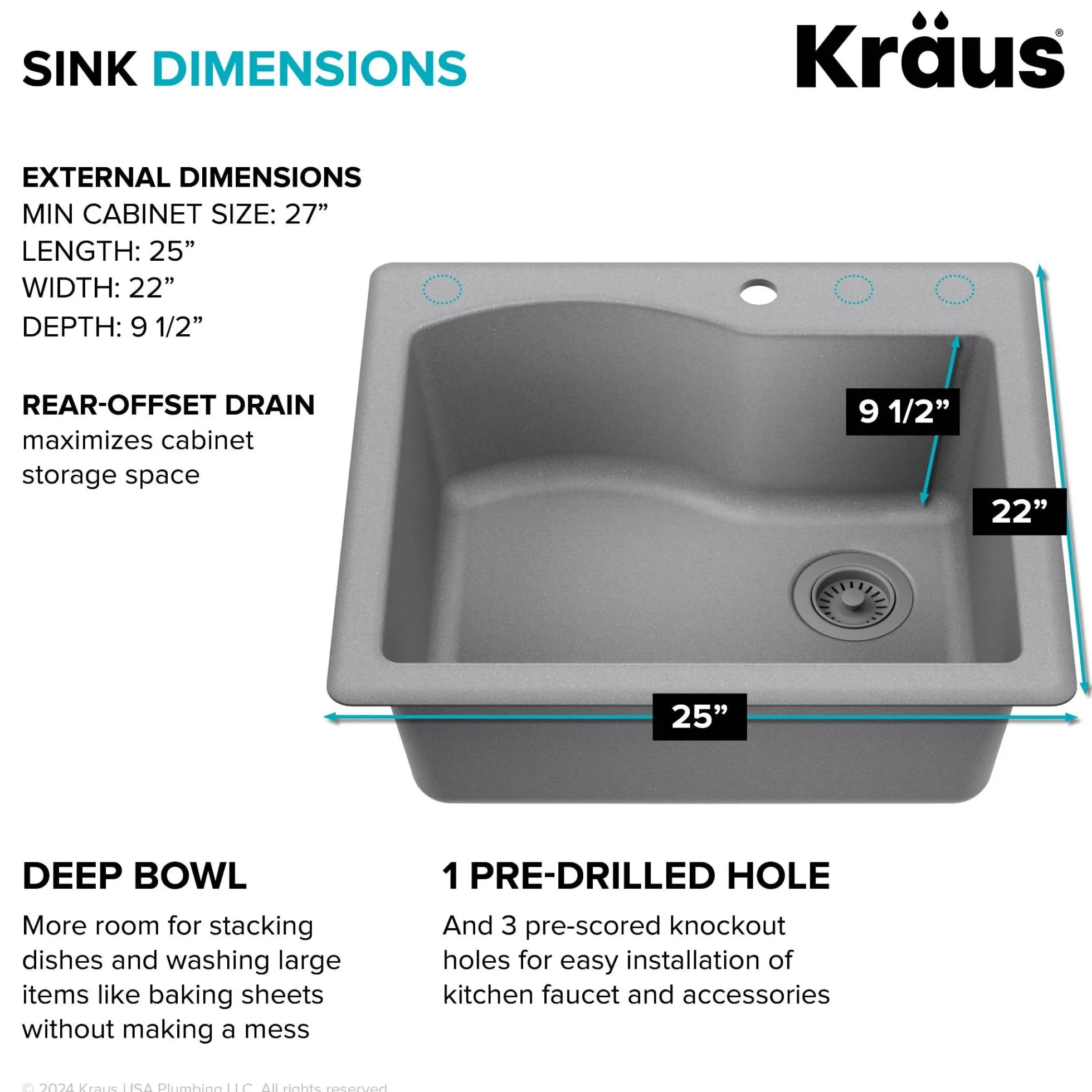 25” Drop-In / Undermount Single Bowl Granite Kitchen Sink in Grey