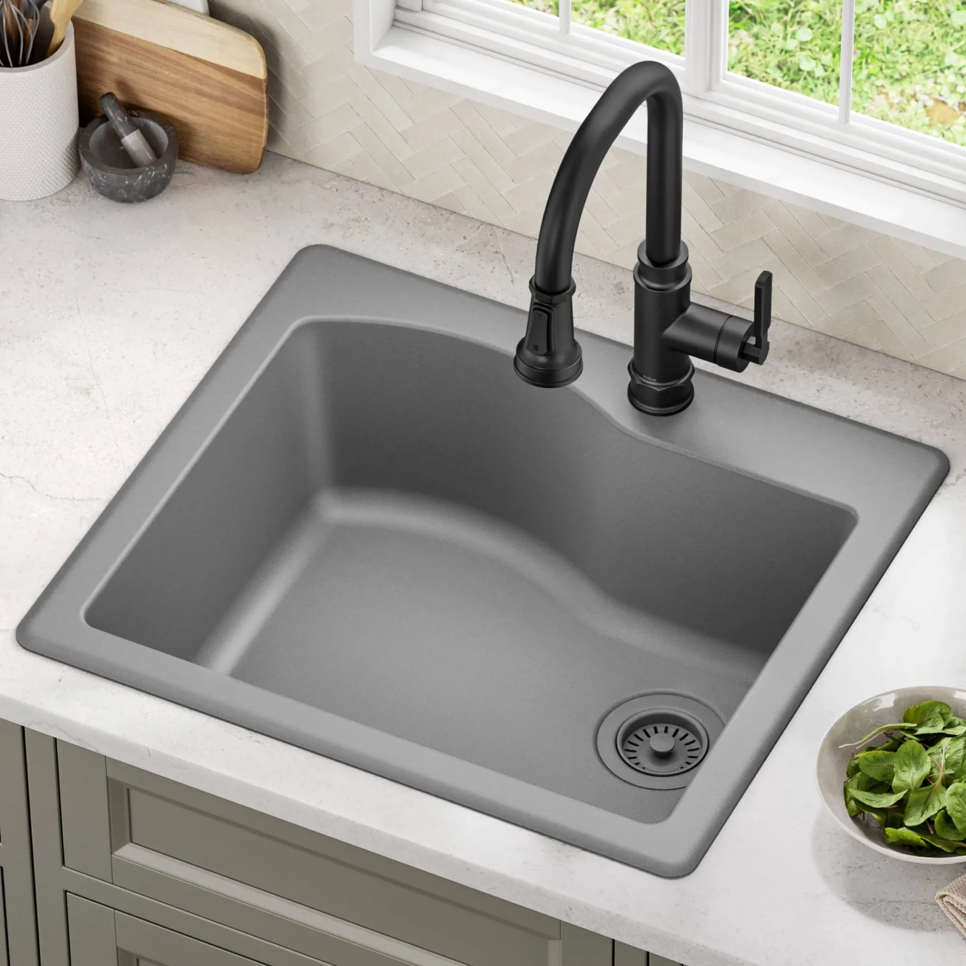 25” Drop-In / Undermount Single Bowl Granite Kitchen Sink in Grey