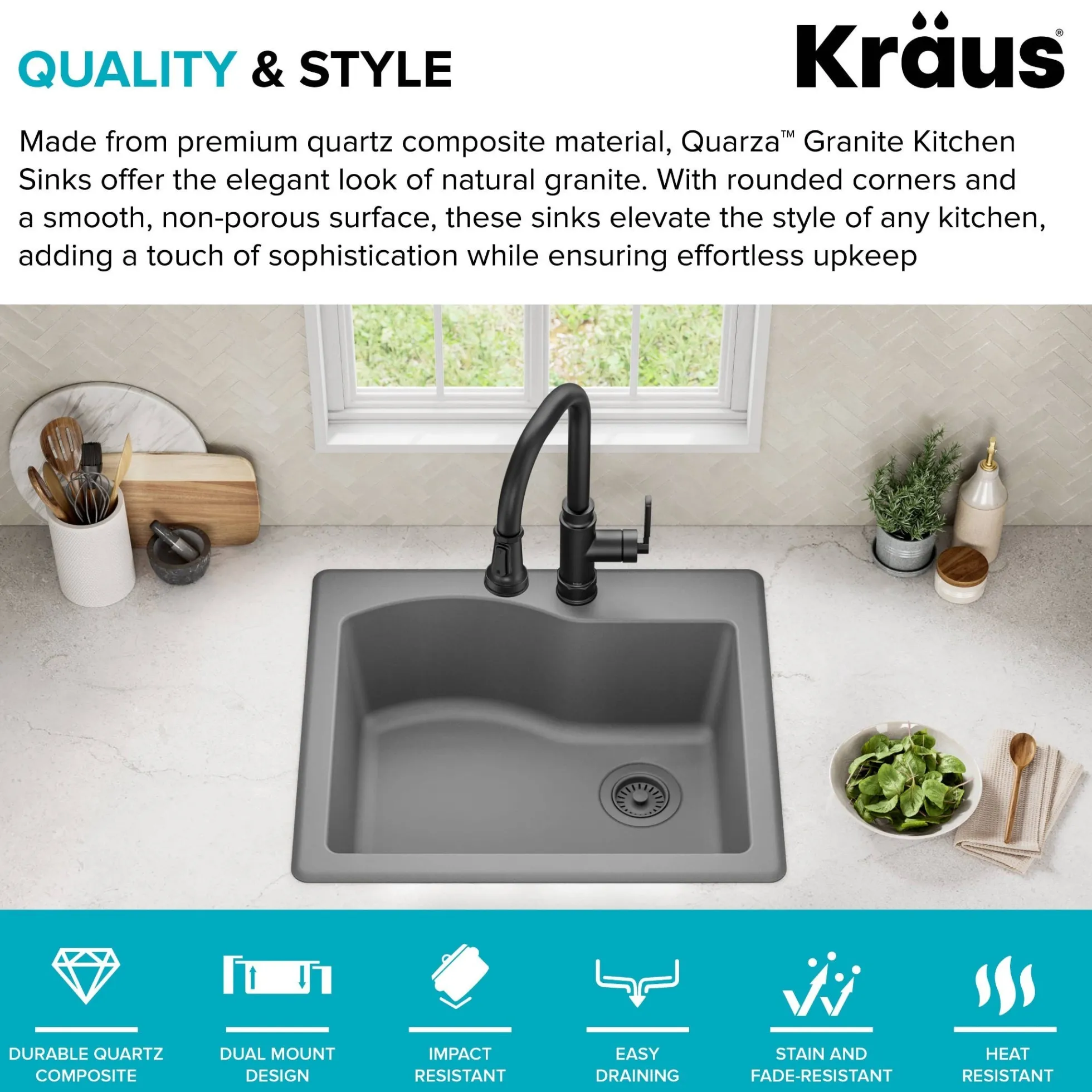25” Drop-In / Undermount Single Bowl Granite Kitchen Sink in Grey