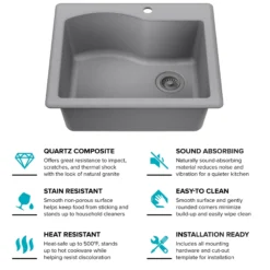 25” Drop-In / Undermount Single Bowl Granite Kitchen Sink in Grey