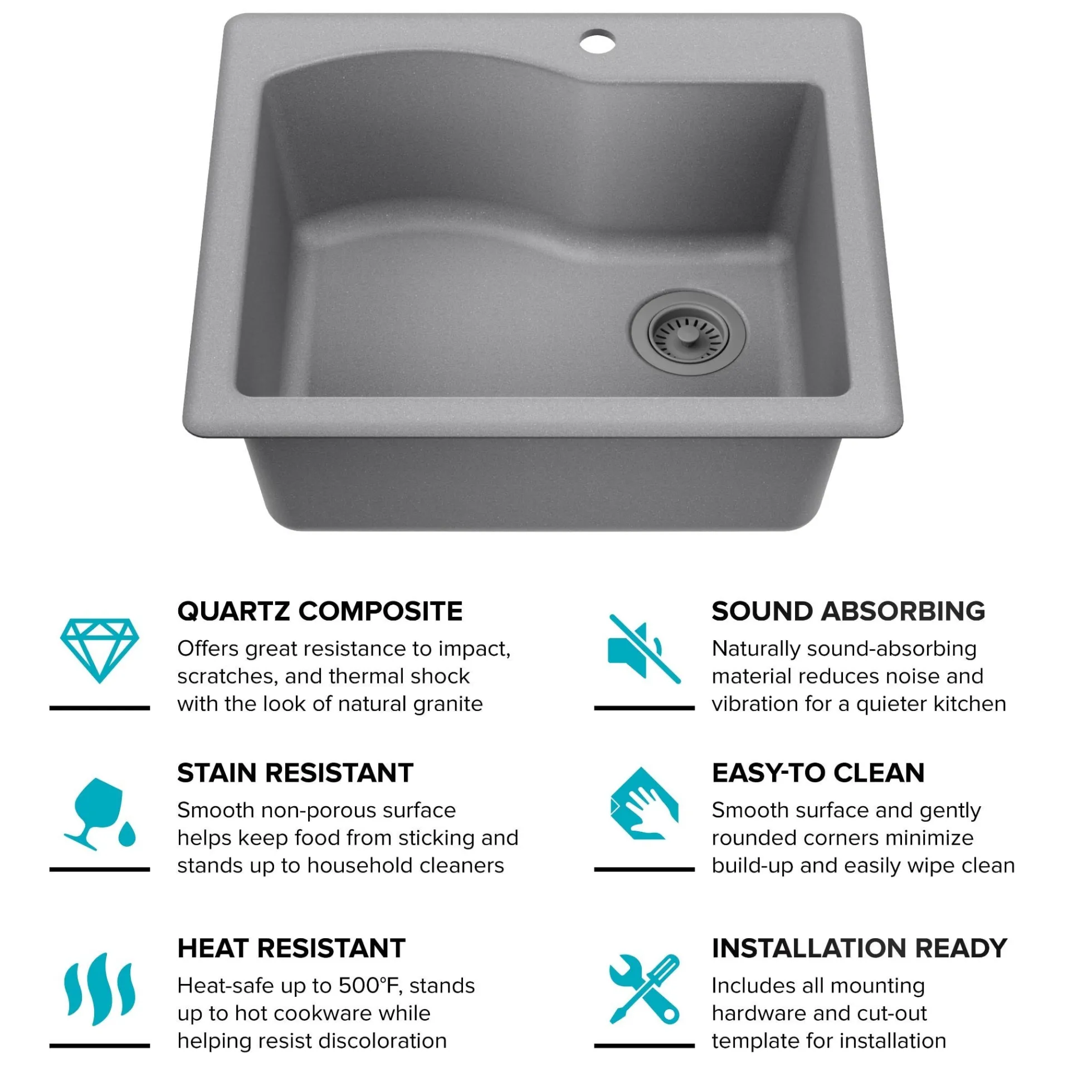 25” Drop-In / Undermount Single Bowl Granite Kitchen Sink in Grey