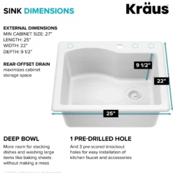 25” Drop-In / Undermount Single Bowl Granite Kitchen Sink in White