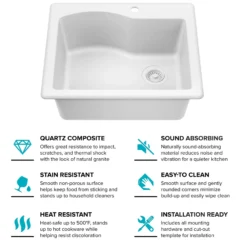 25” Drop-In / Undermount Single Bowl Granite Kitchen Sink in White
