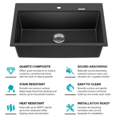 31” Drop-In / Undermount Single Bowl Granite Kitchen Sink in Black Onyx
