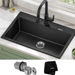 31” Drop-In / Undermount Single Bowl Granite Kitchen Sink in Black Onyx
