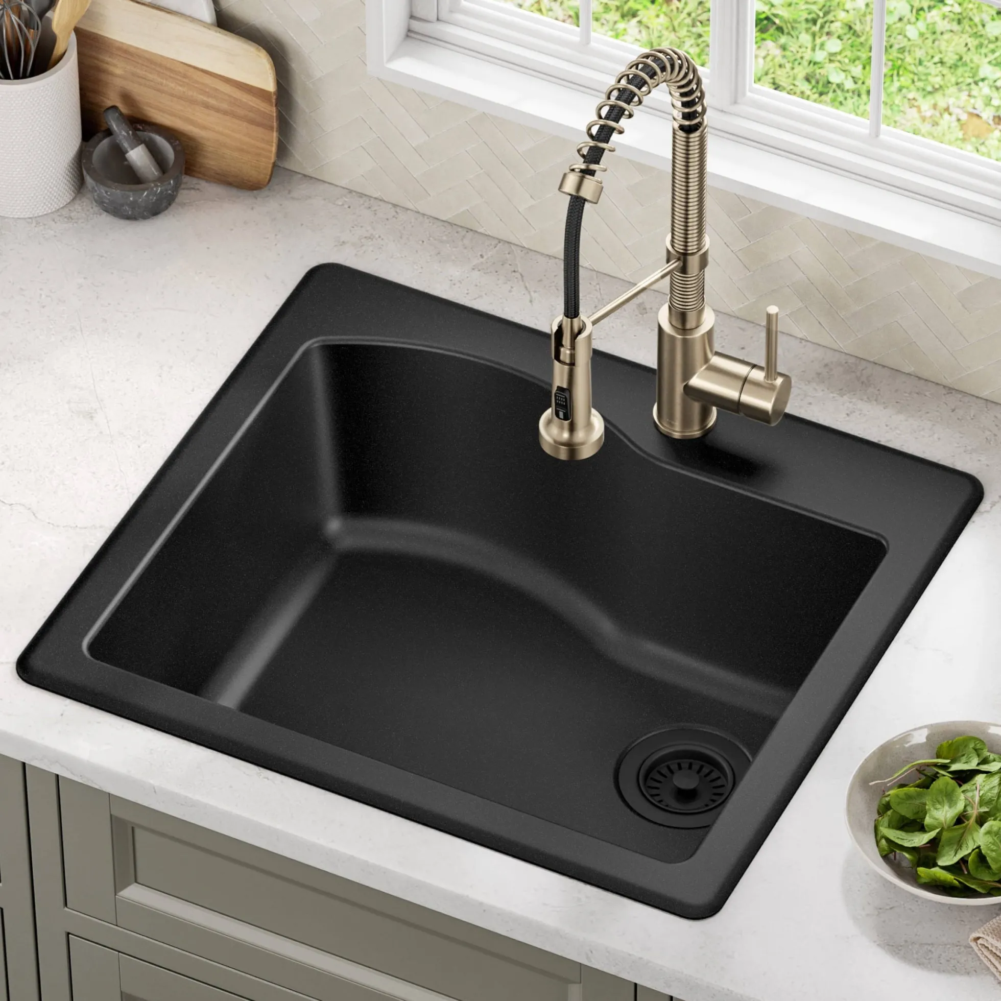 25” Drop-In / Undermount Single Bowl Granite Kitchen Sink in Black