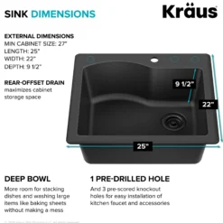 25” Drop-In / Undermount Single Bowl Granite Kitchen Sink in Black