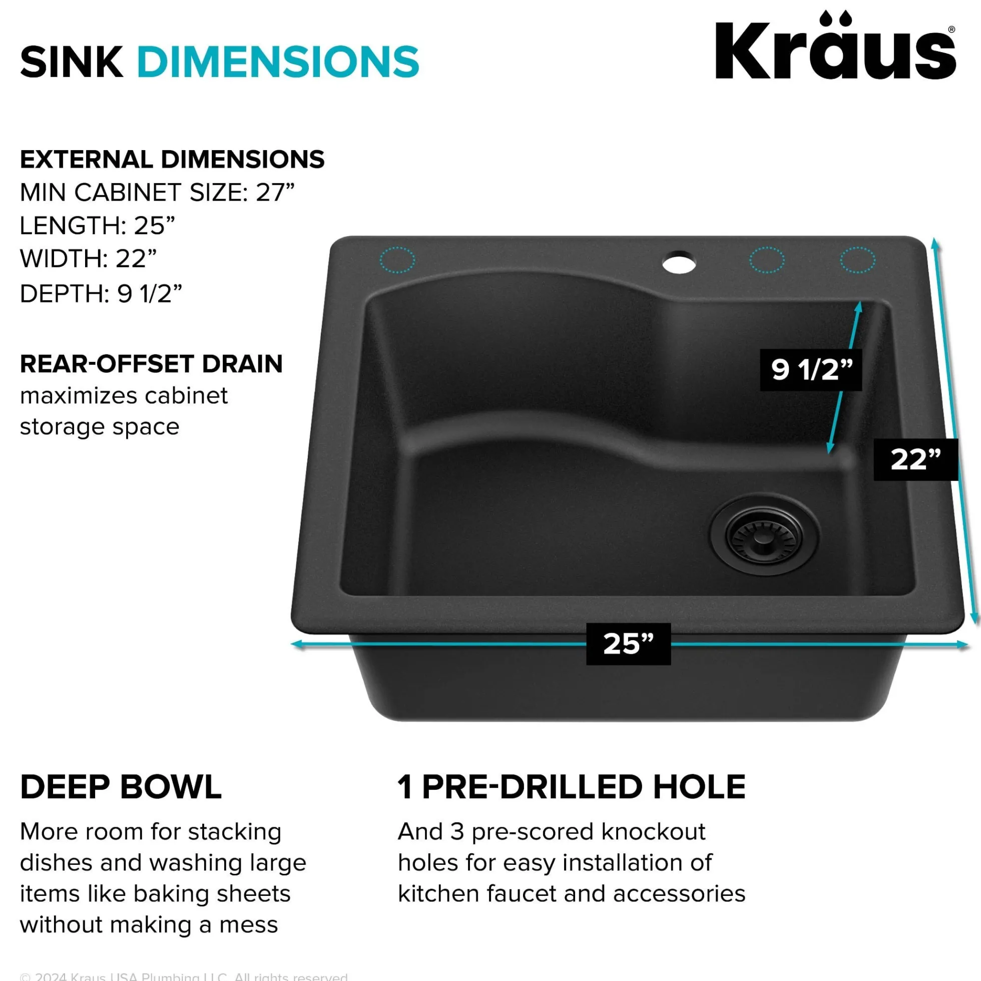 25” Drop-In / Undermount Single Bowl Granite Kitchen Sink in Black