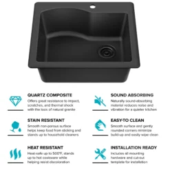 25” Drop-In / Undermount Single Bowl Granite Kitchen Sink in Black
