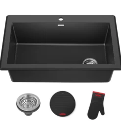 33” Drop In / Undermount Single Bowl Granite Kitchen Sink in Black