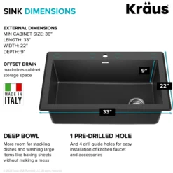 33” Drop In / Undermount Single Bowl Granite Kitchen Sink in Black