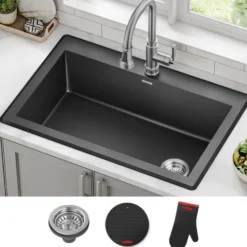 33” Drop In / Undermount Single Bowl Granite Kitchen Sink in Black