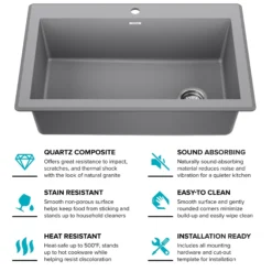 33” Drop In / Undermount Single Bowl Granite Kitchen Sink in Grey