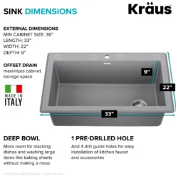 33” Drop In / Undermount Single Bowl Granite Kitchen Sink in Grey