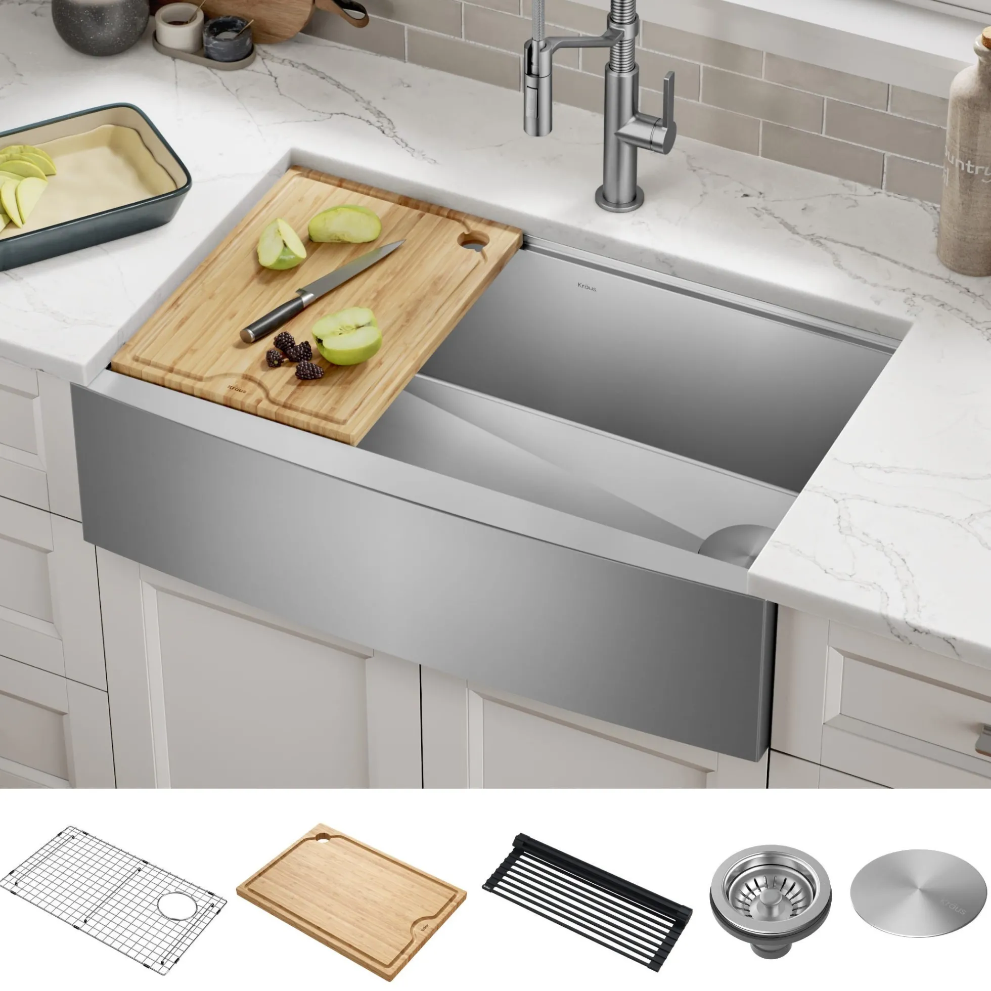 33" Farmhouse Workstation 16 Gauge Single Bowl Stainless Steel Kitchen Sink with Accessories