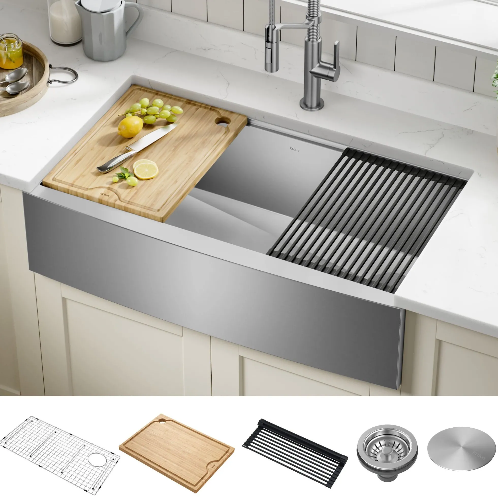 36" Farmhouse Workstation 16 Gauge Single Bowl Stainless Steel Kitchen Sink with Accessories