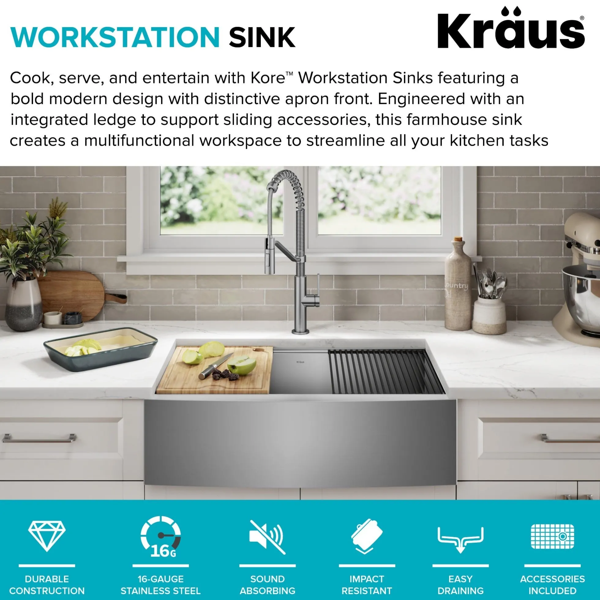 36" Farmhouse Workstation 16 Gauge Single Bowl Stainless Steel Kitchen Sink with Accessories