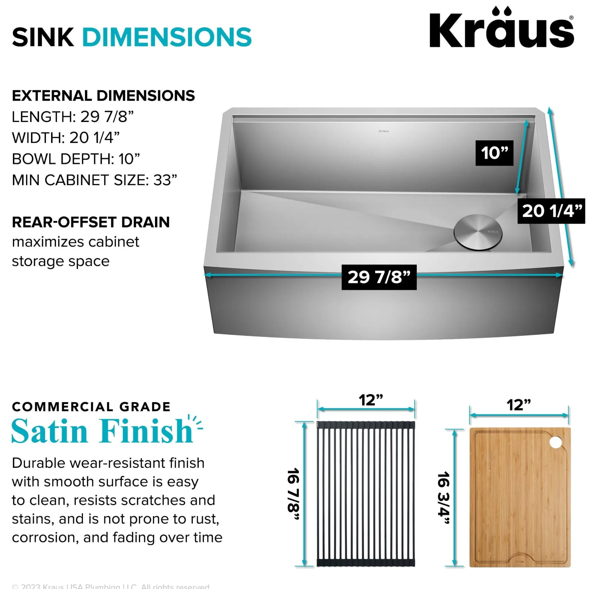 30" Farmhouse Workstation 16 Gauge Single Bowl Stainless Steel Kitchen Sink with Accessories