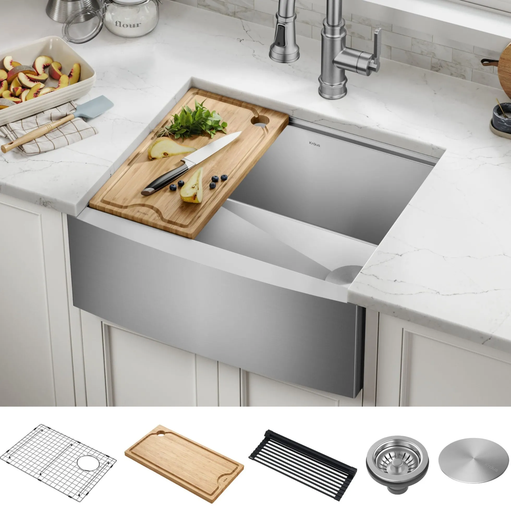 24" Farmhouse Workstation 16 Gauge Single Bowl Stainless Steel Kitchen Sink with Accessories