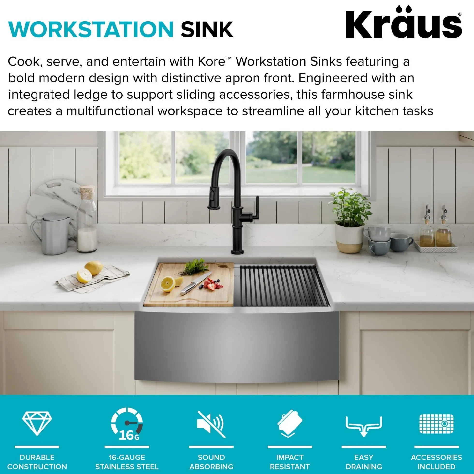 24" Farmhouse Workstation 16 Gauge Single Bowl Stainless Steel Kitchen Sink with Accessories